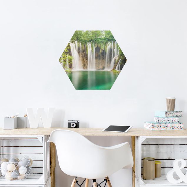 Hexagons Aluminium Dibond schilderijen Waterfall Plitvice Lakes