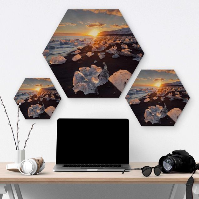 Hexagons houten schilderijen Chunks Of Ice On The Beach Iceland
