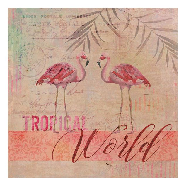 Houten schilderijen Vintage Collage - Tropical World Flamingos