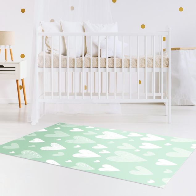 Vloerkleed modern Small And Big Drawn White Hearts On Green