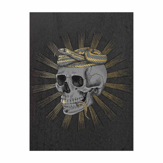kleed eetkamer Illustration Skull And Snake Black Gold
