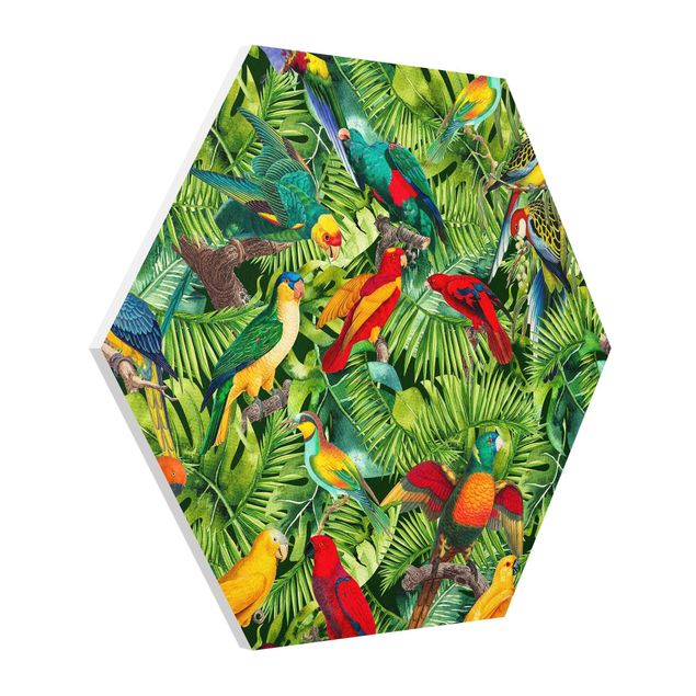 Hexagons Forex schilderijen Colorful Collage - Parrot In The Jungle