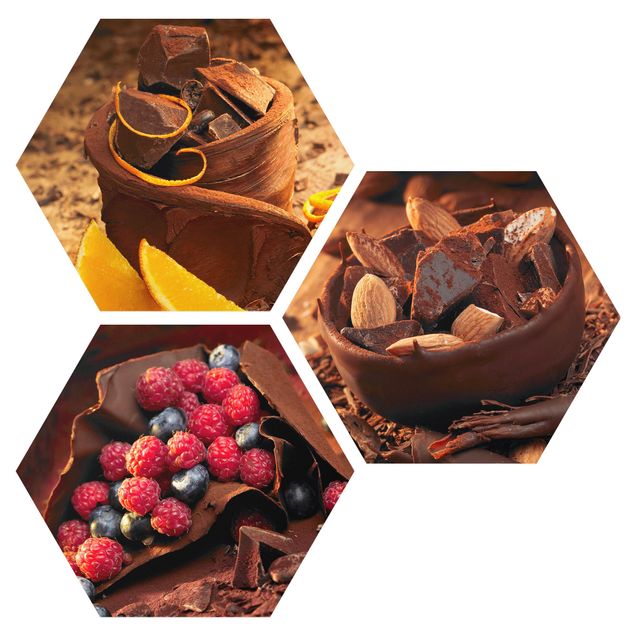 Hexagons Aluminium Dibond schilderijen - 3-delig Chocolate With Fruit And Almonds