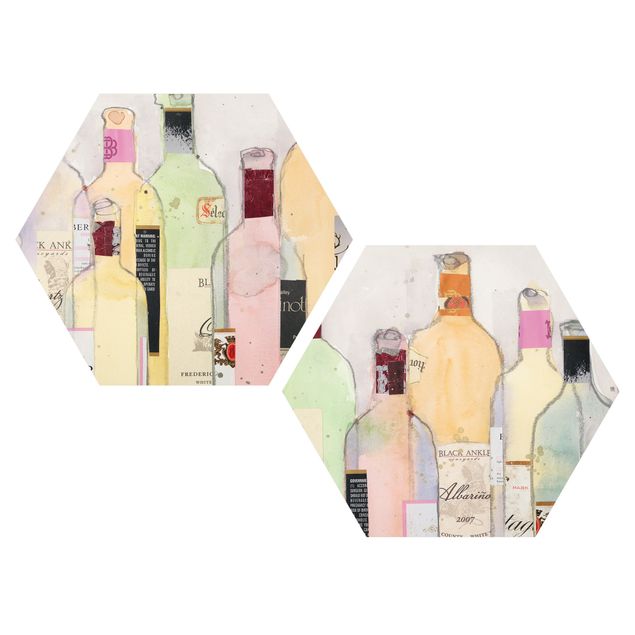 Hexagons Aluminium Dibond schilderijen - 2-delig Wine Bottles In Water Color Set I