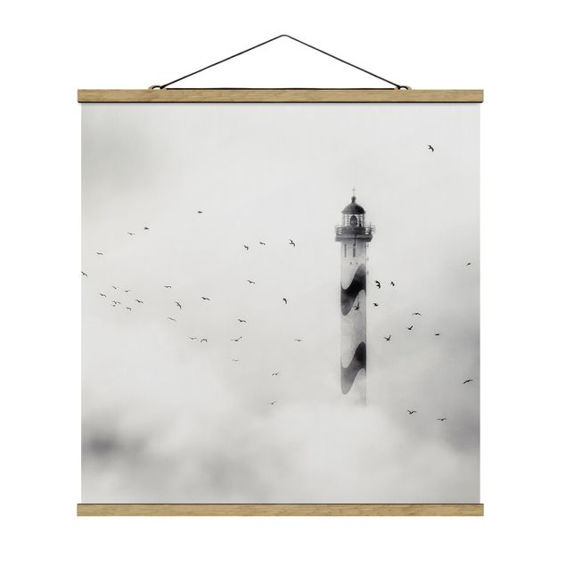 Stoffen schilderij met posterlijst Lighthouse In The Fog