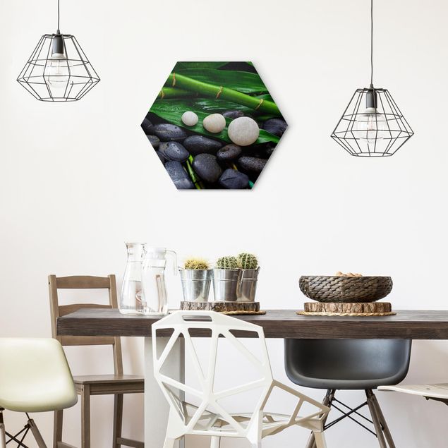 Hexagons Aluminium Dibond schilderijen Green Bamboo With Zen Stones
