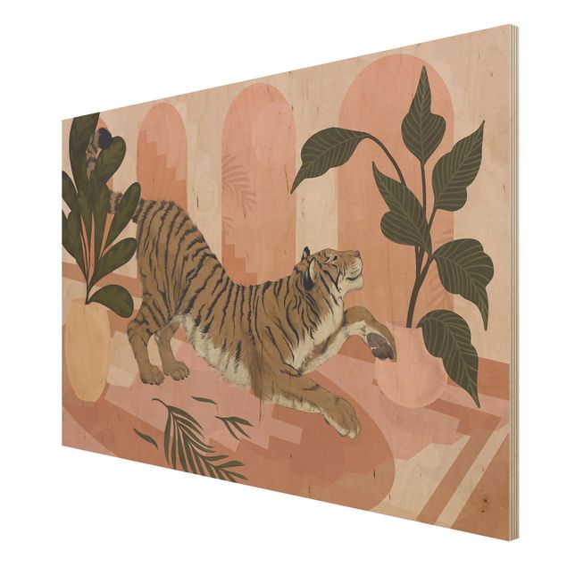 Houten schilderijen Illustration Tiger In Pastel Pink Painting