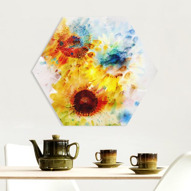 Hexagons Forex schilderijen Watercolour Flowers Sunflowers