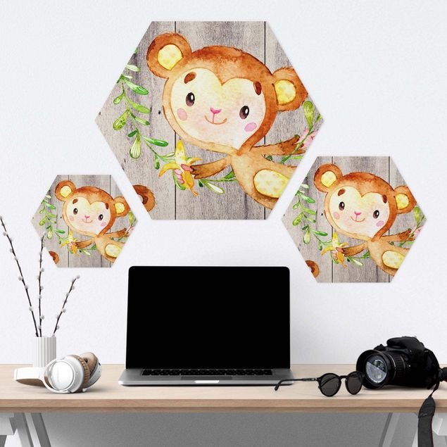 Hexagons Forex schilderijen Watercolor Monkey On Wood