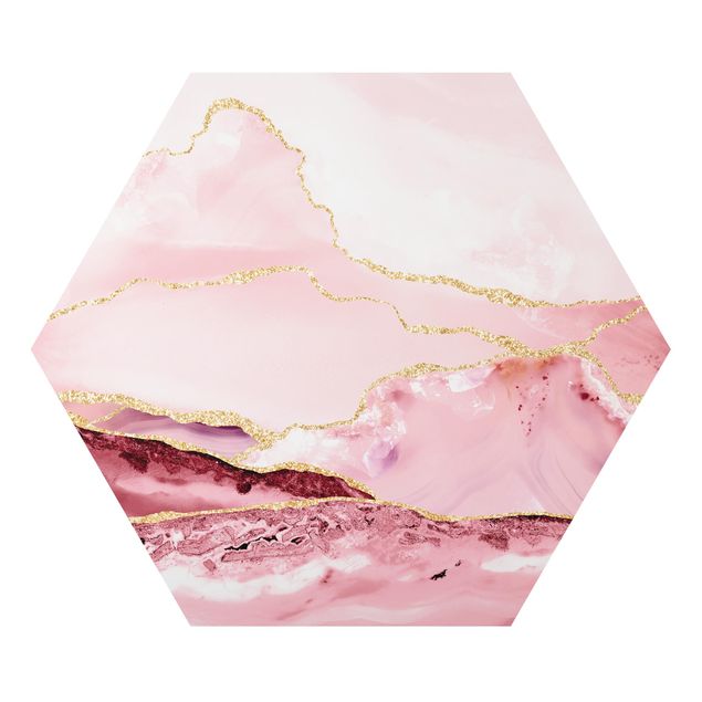 Hexagons Aluminium Dibond schilderijen Abstract Mountains Pink With Golden Lines