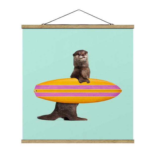 Stoffen schilderij met posterlijst Otter With Surfboard