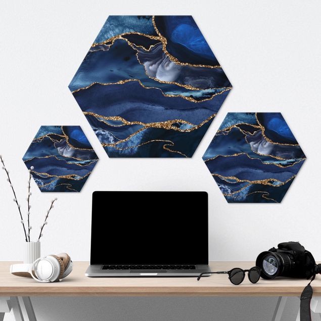 Hexagons Aluminium Dibond schilderijen Golden Glitter Waves Blue Backdrop