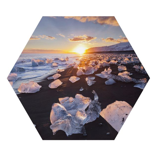 Hexagons Aluminium Dibond schilderijen Chunks Of Ice On The Beach Iceland