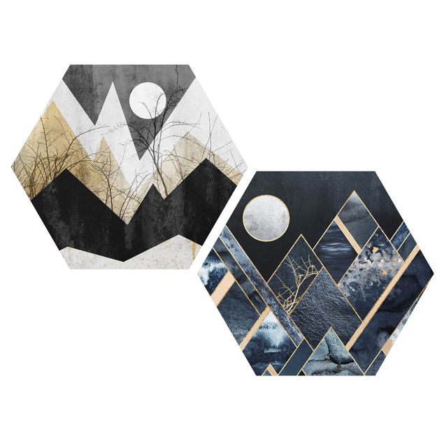 Hexagons Aluminium Dibond schilderijen - 2-delig Golden Moon And Geometric Mountains