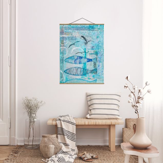 Stoffen schilderij met posterlijst Colourful Collage - Blue Fish