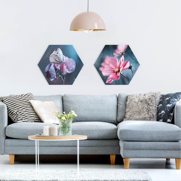 Hexagons Forex schilderijen - 2-delig Butterfly And Ladybug On Flowers