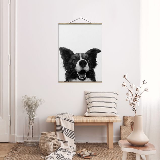 Stoffen schilderij met posterlijst Illustration Dog Border Collie Black And White Painting