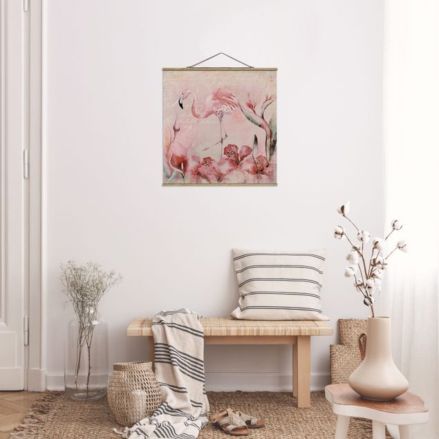 Stoffen schilderij met posterlijst Shabby Chic Collage - Flamingo