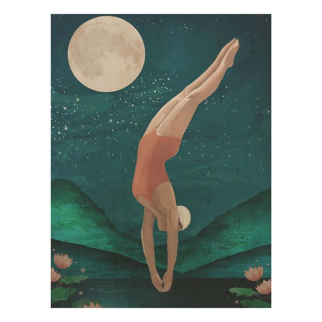 Houten schilderijen Illustration Bather Woman Moon Painting