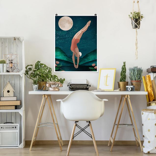 Posters Illustration Bather Woman Moon Painting
