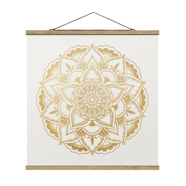 Stoffen schilderij met posterlijst Mandala Flower Gold White