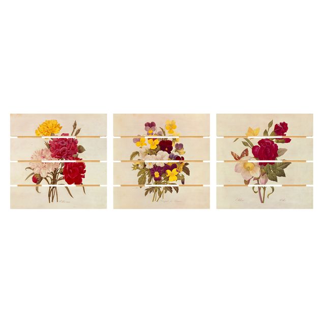 Houten schilderijen op plank - 3-delig Pierre Joseph Redouté - Roses Cloves Pansies