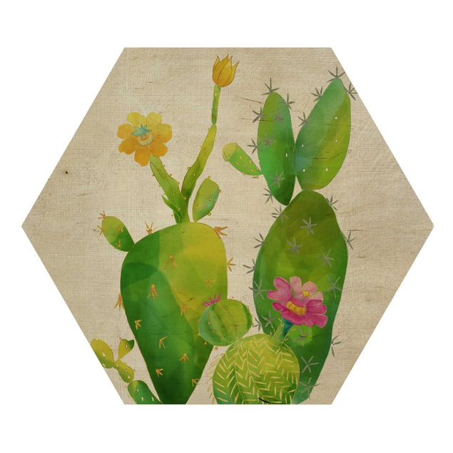 Hexagons houten schilderijen Cactus Family In Pink And Yellow