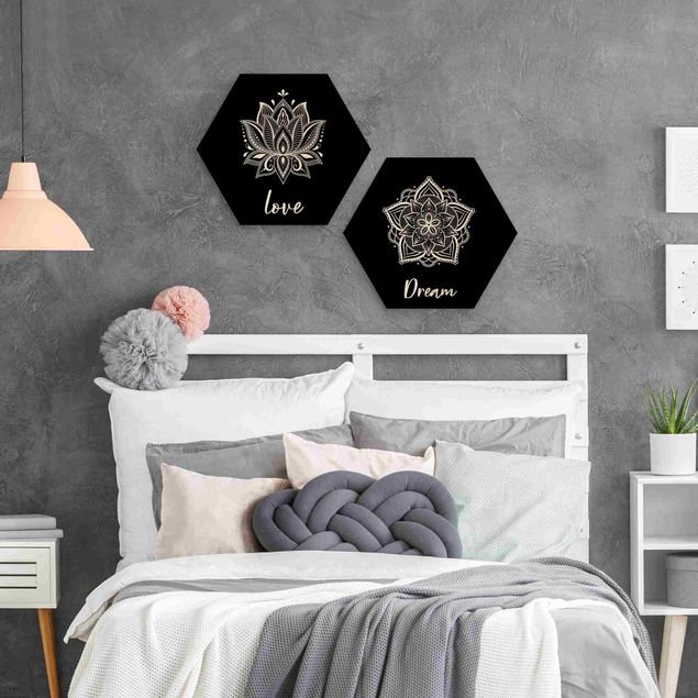 Hexagons houten schilderijen - 2-delig Mandala Dream Love Set Black