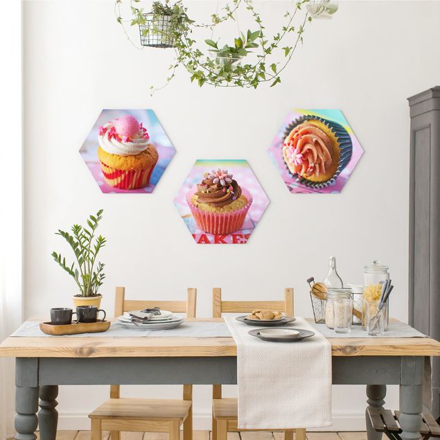 Hexagons Aluminium Dibond schilderijen - 3-delig Colourful Cupcakes