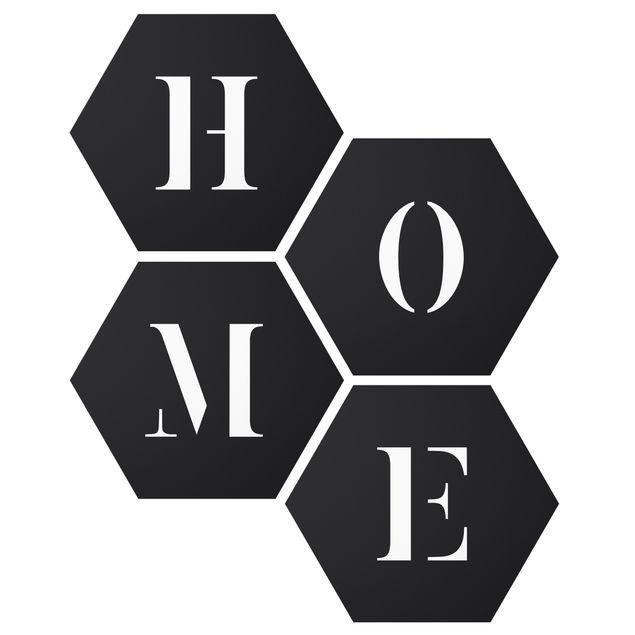 Hexagons Aluminium Dibond schilderijen - 4-delig Letters HOME White Set II