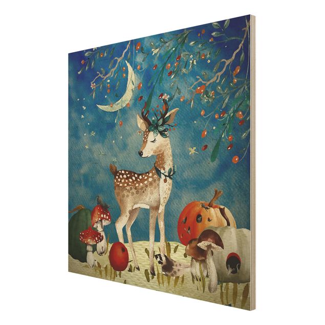 Houten schilderijen Watercolour Deer In Moonlight