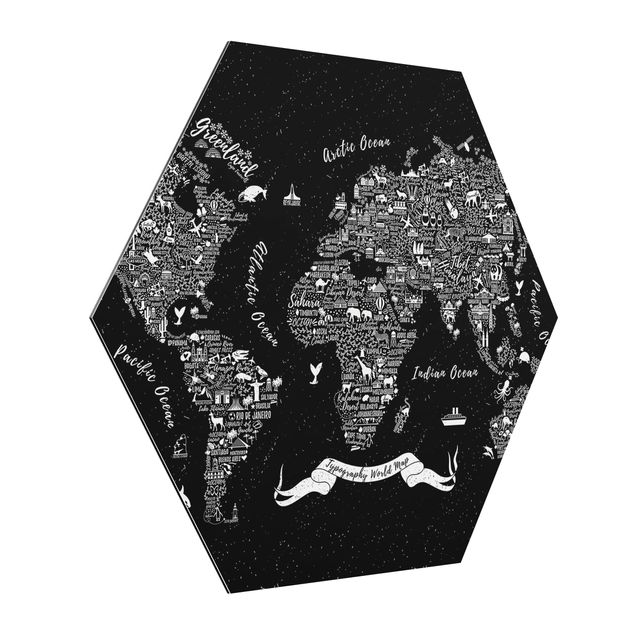 Hexagons Aluminium Dibond schilderijen Typography World Map Black