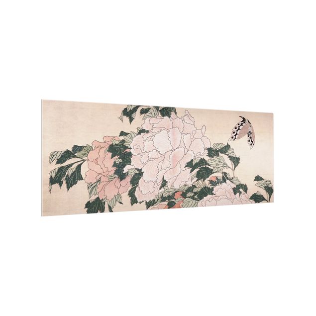Spatscherm keuken Katsushika Hokusai - Pink Peonies With Butterfly