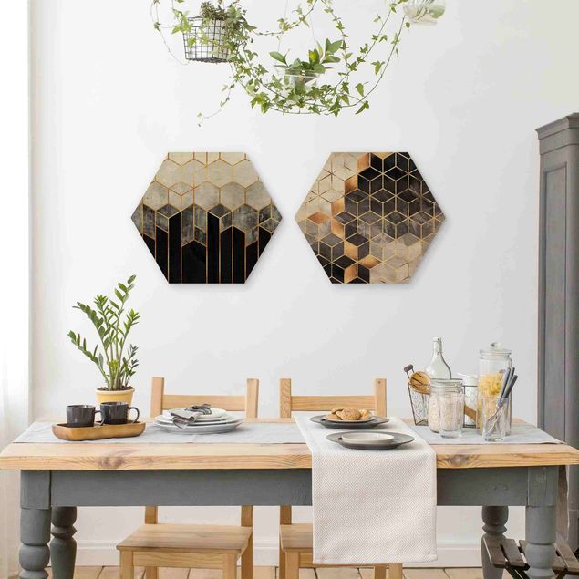 Hexagons houten schilderijen - 2-delig Golden Geometry Watercolour Set