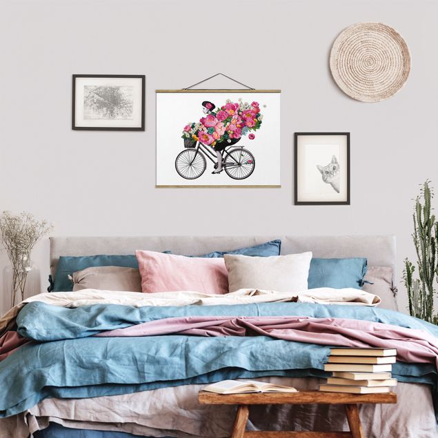 Stoffen schilderij met posterlijst Illustration Woman On Bicycle Collage Colourful Flowers