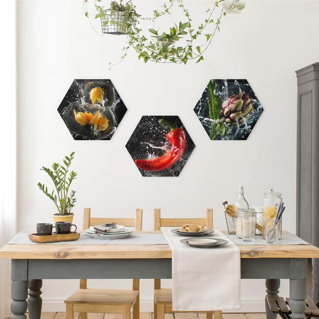 Hexagons Aluminium Dibond schilderijen - 3-delig Pepper artichoke Physalis Splash