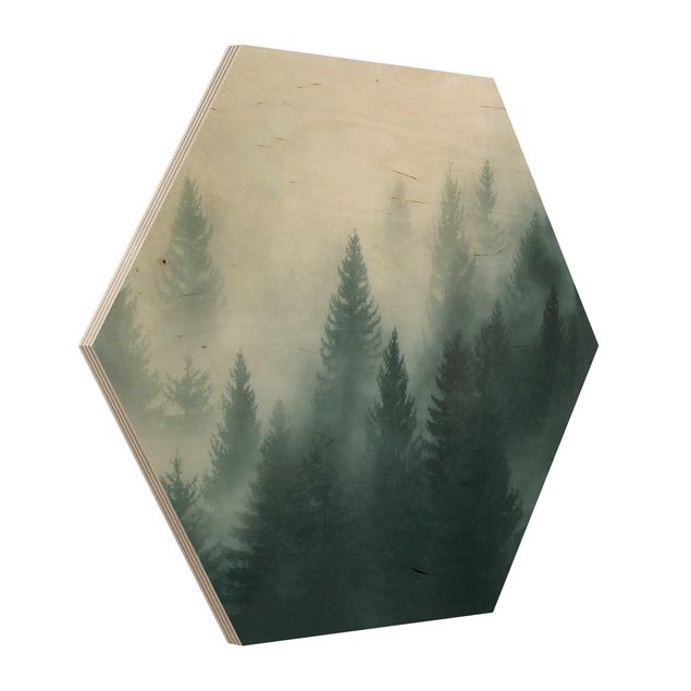 Hexagons houten schilderijen Coniferous Forest In Fog