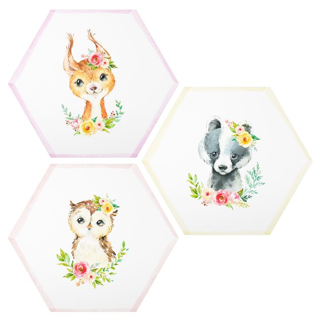Hexagons Forex schilderijen - 3-delig Watercolour Forest Animals With Flowers Set III