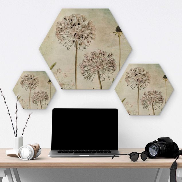 Hexagons houten schilderijen Allium flowers in pastel