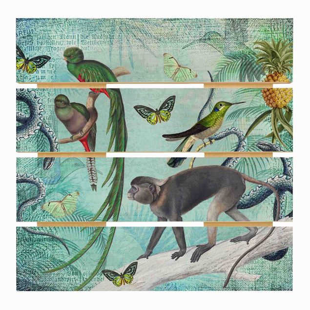 Houten schilderijen op plank Colonial Style Collage - Monkeys And Birds Of Paradise