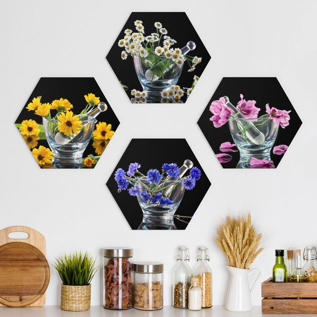 Hexagons Aluminium Dibond schilderijen - 4-delig Flowers in a mortar