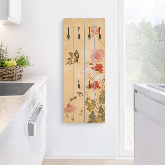 Wandkapstokken houten pallet Yuanyu Ma - Poppy Flower And Butterfly