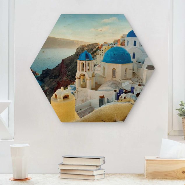 Hexagons houten schilderijen Santorini