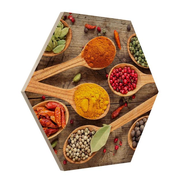 Hexagons houten schilderijen Spices On Wooden Spoon