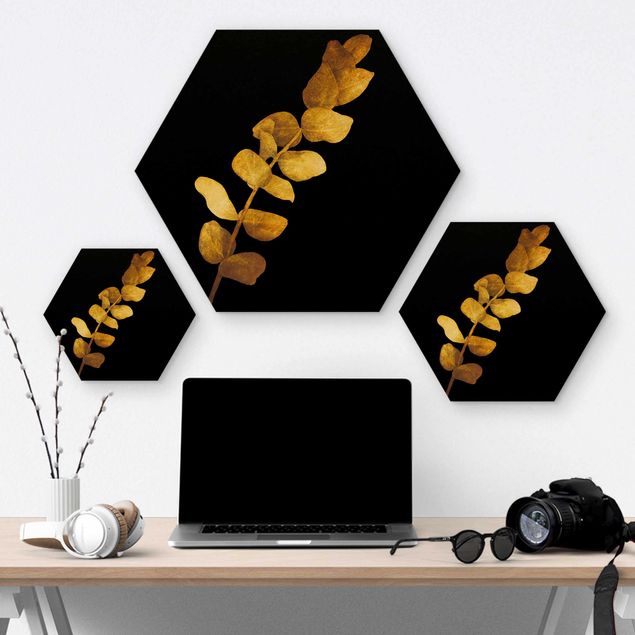 Hexagons houten schilderijen Gold - Eucalyptus On Black