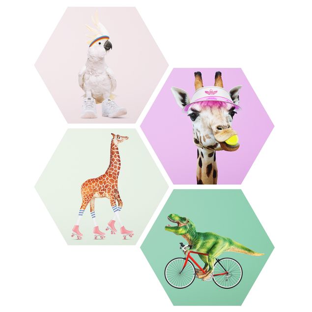 Hexagons Forex schilderijen - 4-delig Giraffes Dino Kakadu Sport Set II
