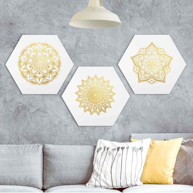 Hexagons Forex schilderijen - 3-delig Mandala Flower Sun Illustration Set Gold