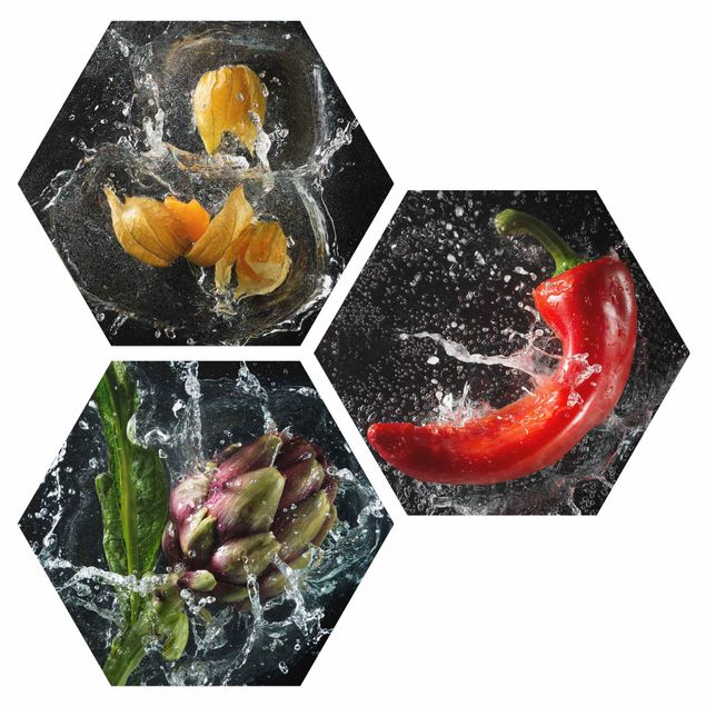 Hexagons Forex schilderijen - 3-delig Pepper artichoke Physalis Splash