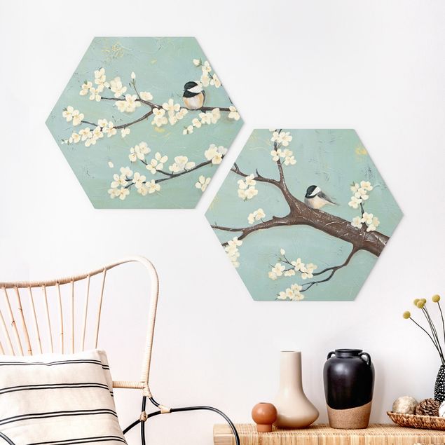 Hexagons Forex schilderijen - 2-delig Titmouse On Cherry Set I