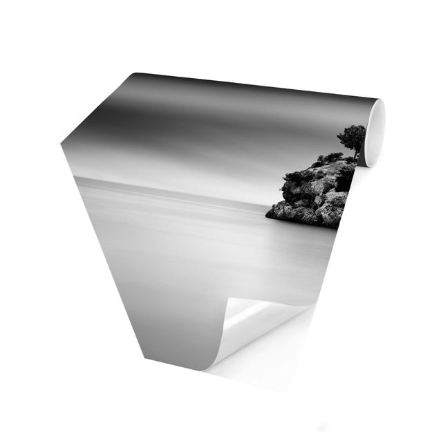 Hexagon Behang Rocky Island In The Sea Black And White